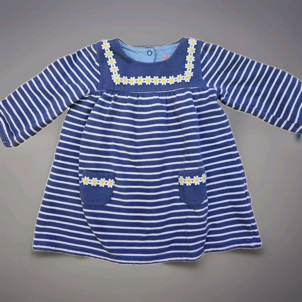Baby Boden Blue/White Stripe Daisy Trimmed Sweatshirt Dress Size 6-12‎ months
